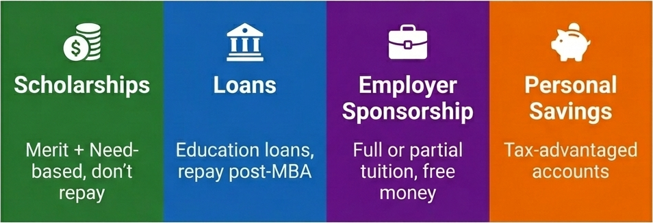 Four-pillar funding diagram for MBA showing Scholarships, Loans, Employer Sponsorship, and Personal Savings.